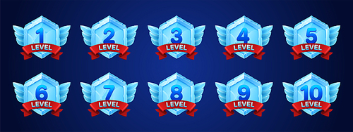 Game ice badges with level number. Achievement rank emblems, frozen hexagon label of game level with red ribbon and wings, vector cartoon set isolated on background