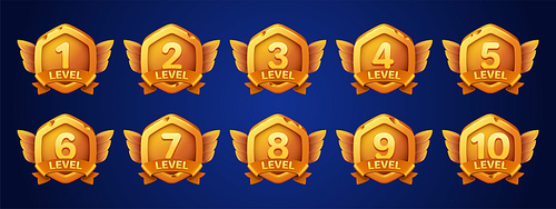 Game damaged gold badges with level number. Achievement rank emblems, golden broken hexagon label of game level with ribbon and wings, vector cartoon set isolated on background