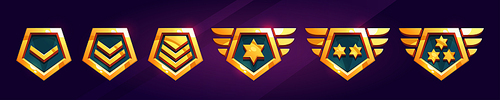 Cartoon set of game rank badge isolated on background. Vector illustration of shiny golden pentagonal medals decorated with stars and wings. Symbol of achievement, award for victory, trophy emblem