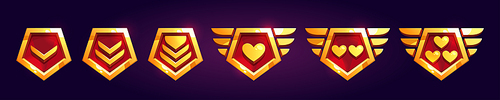 Set of game rank badges with hearts isolated on background. Vector cartoon illustration of golden pentagonal progress medals with chevrons, metal wings. Life, power, energy symbols. Gui elements