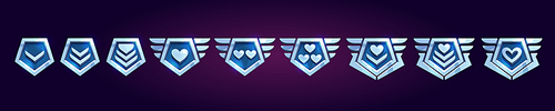 Set of game rank badges with hearts isolated on background. Vector cartoon illustration of silver pentagonal progress medals with chevrons, metal wings. Life, power, energy symbols. Gui elements