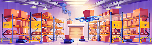 Robots in warehouse interior, automated machines, drone and cyborg arm work in storehouse loading boxes on palettes. Smart logistics equipment, cargo and postal service, Cartoon vector illustration