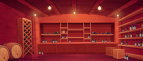 Wine shop, cellar interior with bottles on wooden shelves and rack, barrels and boxes with alcohol production. Store showcase, room with glowing lamps, building basement, Cartoon vector illustration