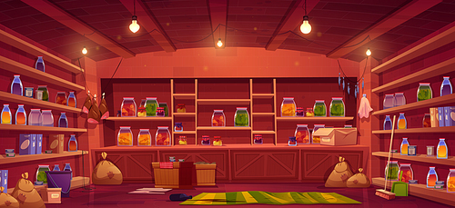 Pantry in house cellar, storage room with food preserves in glass jars and bottles on shelves, crates with vegetables, sacks, broom and bucket. Basement larder interior, vector cartoon illustration