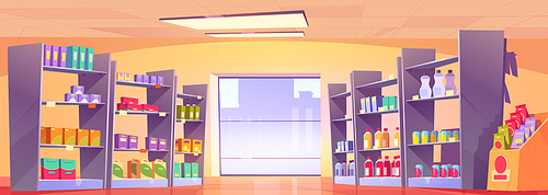Cartoon supermarket aisle with large window. Vector illustration of shelves full of colorful cardboard boxes and food packages, bottles with beverages, lamps on ceiling. Grocery store department