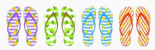 Colorful flip flops set isolated on transparent background. Vector realistic illustration of summer beach slippers with stripes and tropical fruit pattern. Hotel spa or home footwear made of rubber