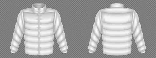 Puffer jacket, padded winter coat template. Men white apparel, outdoor wear with zipper in front and back view isolated on transparent background, vector realistic mockup