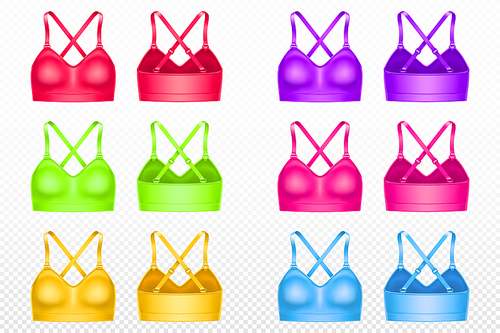 Template of sport bras, underwear top. Women breast lingerie different colors for active workout, fitness, gym or yoga. Girls sport bras in front and back view, vector realistic mockup