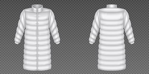 Realistic set of white puffer coat mockups with long sleeve isolated on transparent background. Vector illustration of warm zipped outwear front and back view. Winter or demi season clothes fashion