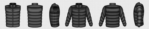 Realistic set of puffer jacket and vest mockups isolated on transparent background. Vector illustration of black waistcoat, sleeveless outwear front, back, side view. Warm winter, demi season clothes