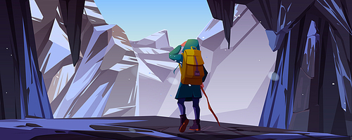 Woman hiker on mountain ledge with snow. Vector cartoon illustration of winter landscape with rocks, stone cave entrance, cliffs with ice and girl tourist with stick and backpack