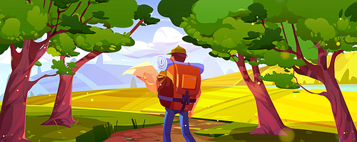 Man tourist on road on hills with agriculture fields, river and trees. Summer landscape of farmland, countryside panorama with hiker with backpack and map, vector cartoon illustration