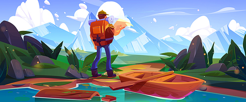 Male tourist hiking in mountains with map. Vector cartoon illustration of traveler man with backpack searching way, admiring rocky landscape covered with snow, standing near river with wooden boat
