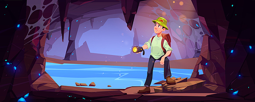 Hiker man travel in mountain cave. Concept of journey, trip adventure with tourist with backpack and flashlight in stone cavern with underground lake and crystals, vector cartoon illustration