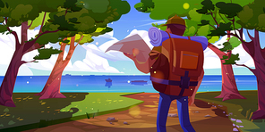 Man travel with map and backpack near river. Vector forest and sea nature landscape cartoon background. Young tourist trekking on trail in summer. Backpacker character orienteering.