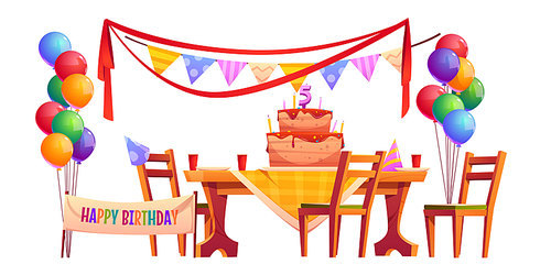 Birthday outside party set isolated on white background. Vector cartoon furniture and decoration, holiday banner, flags garland, cupcake with candles and bunch of balloons. Celebration anniversary