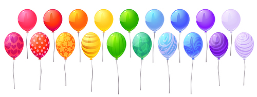 Set of colorful balloons inflated with helium isolated on white background. Cartoon vector illustration of holiday party decoration monochrome and with different ornaments. Celebration accessories