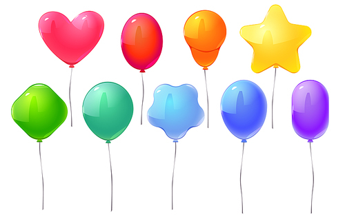 Balloons for birthday party, anniversary, wedding celebration, holiday or carnival decoration. Flying rainbow colored air balloons different shapes with strings, vector cartoon set