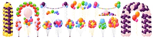 Helium balloons, bunch, arches and garlands isolated set. Multicolored decoration for holidays, store grand opening ceremony, birthday or party event on white background, Cartoon vector illustration