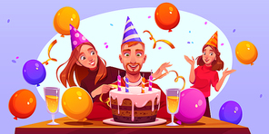 Birthday party with happy celebrating people, cake with candles, champagne in glasses, confetti and balloons. Greeting card with friends and birthday man in party hats, vector cartoon illustration