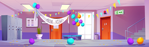 Mess in school hallway after prom night party. Vector cartoon illustration of empty corridor with lockers, colorful confetty scattered on floor, air balloons flying, flag garland hanging on ceiling