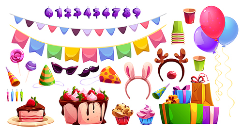 Kid birthday party design elements set isolated on white background. Vector cartoon illustration of delicious cake and candle numbers, colorful festive flags and garlands, gift boxes and air balloons