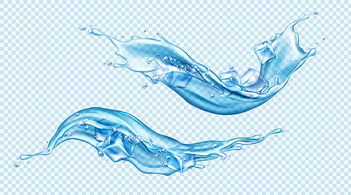 Water splashes with ice cubes set. Dynamic motion of pure liquid with droplets and air bubbles, pure hydration elements for ad isolated on transparent background. Realistic 3d vector illustration
