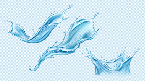 Water splash set. Aqua liquid in shape of crown and dynamic motion elements with spray droplets side view isolated on transparent background, hydration ad. Realistic 3d vector Illustration, clip art