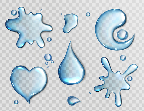 Water spills isolated on transparent background. Vector realistic set of liquid puddles in shape of heart, blob and Yin Yang, clear water drops, pure aqua flows top view