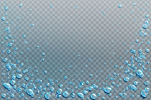 Air bubbles, effervescent water fizz border. Dynamic aqua motion, randomly moving underwater fizzing, soda drink frame design on transparent background, Realistic blue 3d vector illustration