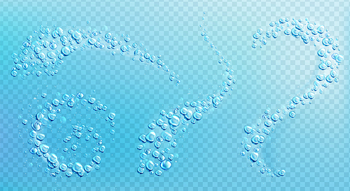 Air bubbles, effervescent water fizz set. Dynamic aqua motion, randomly moving underwater fizzing, soda drink design elements isolated on transparent background, Realistic 3d vector illustration