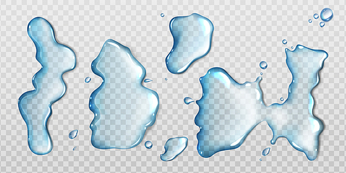 Water spill puddles top view set, aqua liquid splashes with scattered drops. Hydration spots elements with spray droplets isolated on transparent background, Realistic 3d vector Illustration, clip art