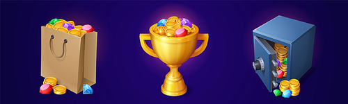 Piles of gold coins and gemstones in golden cup, deposit box and paper bag. Game icons of treasure, trophy with goblet and shopping bag full of crystals and golden money, vector cartoon set