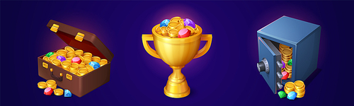 Piles of gold coins and gemstones in golden cup, deposit box and suitcase. Game icons of treasure, trophy with goblet and briefcase full of crystals and golden money, vector cartoon set