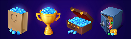 Piles of blue gemstones in bag, golden cup, deposit box and suitcase. Game icons of treasure, trophy with shopping bag, goblet and briefcase full of crystals and gold coins, vector cartoon set