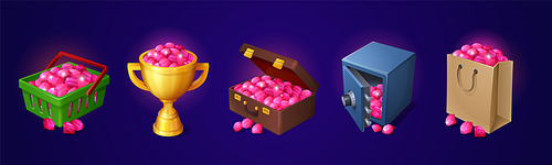 Piles of pink gemstones in bag, gold cup, deposit box and suitcase. Game icons of treasure, trophy with shopping bag, goblet and briefcase full of rubies, vector cartoon set