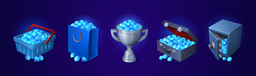 Piles of blue gemstones in bag, silver cup, deposit box and suitcase. Game icons of treasure, trophy with shopping bag, goblet and briefcase full of crystals, vector cartoon set