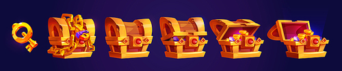 Treasure gold chest open with coins, locked with chain and padlock and key. Game icon of rare loot with ancient wooden trunk with glowing golden money, vector cartoon set isolated on background