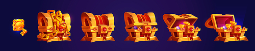 Treasure gold chest open with coins, locked with chain and padlock and key. Game icon of rare loot with ancient wooden trunk with glowing golden money, vector cartoon set isolated on background