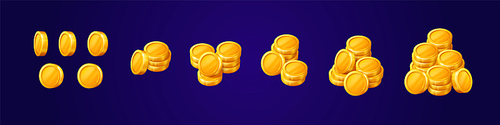 Set of vector cartoon stack of gold coin. Isolated cash treasure pile heap icon. Reward gui element for abundance illustration. Success investment for savings and wealth. Deposit stock grow.