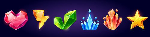 Game gem stone in shape of crown, star, heart and lightning. Magic jewel crystal or diamond icon, sapphire, ruby and emerald treasure. Fantasy cartoon gui trophy with texture, isolated set