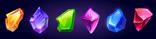 Game gemstone, magic jewel crystal or diamond icon, sapphire and amethyst, ruby and emerald treasure, royal precious gem. Fantasy cartoon gui trophy with texture, isolated set