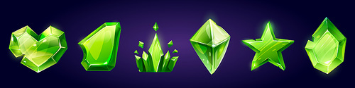 Game green gemstone in shape of crown, star and heart. Magic jewel crystal or diamond icons, emerald treasure, royal precious gems. Fantasy cartoon gui trophy with texture, isolated set