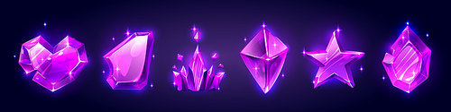 Game purple gemstone in shape of crown, star and heart. Magic jewel lilac crystal or diamond icons, amethyst treasure, royal precious gems. Fantasy cartoon gui trophy with texture, isolated set