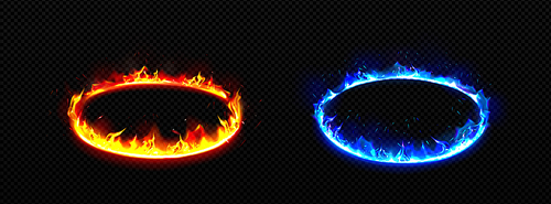 Round frames with fire. Burning rings with flame, glow effect and sparkles. Yellow and blue fiery platforms in perspective view isolated on transparent background, vector realistic set