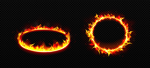 Round frames with fire. Burning rings with flame, glow effect and sparkles. Yellow orange fiery platforms in perspective, front view isolated on transparent background, vector realistic set