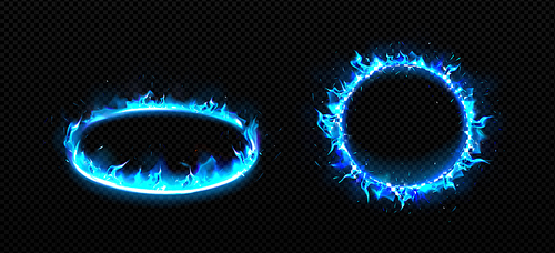 Round frames with fire. Burning rings with flame, glow effect and sparkles. Blue fiery platforms in perspective, front view isolated on transparent background, vector realistic set