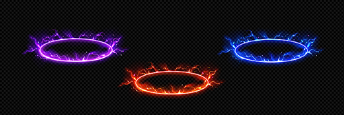 Round energy portal with lightnings. Circle electric frames with neon glow and discharges in angle view. Blue, red and purple electric rings isolated on transparent background, vector realistic set