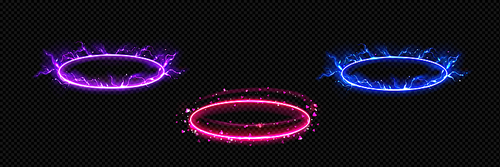 Round or oval energy platforms png set isolated on transparent background. Realistic vector illustration of neon blue, red, purple circle frames with lightning power discharge, hearts, sparkles effect