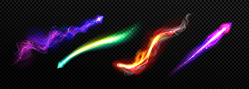 Realistic set of magic power neon light trails isolated on transparent background. Vector illustration of abstract colorful flashes from wizard spell or space blaster with sparkling arrow signs
